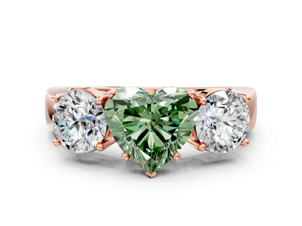 Rose gold Three-Stone Fancy Green Heart Cut Diamond Ring with Round Side Stones, Classic Band, and Four-Prong Setting