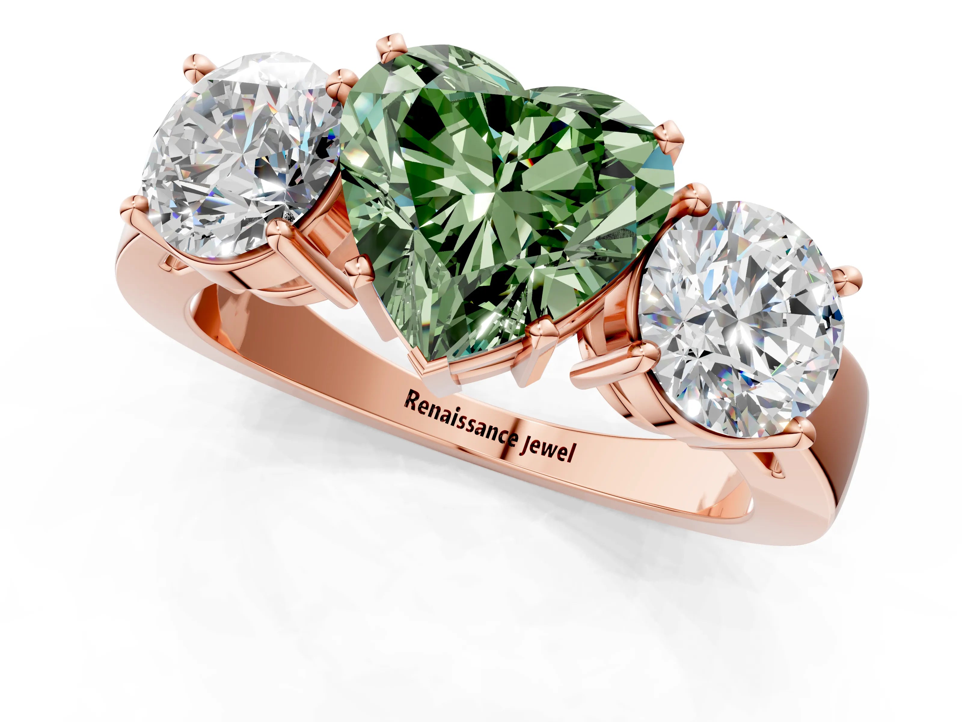 Rose gold Three-Stone Fancy Green Heart Cut Diamond Ring with Round Side Stones, Classic Band, and Four-Prong Setting_1