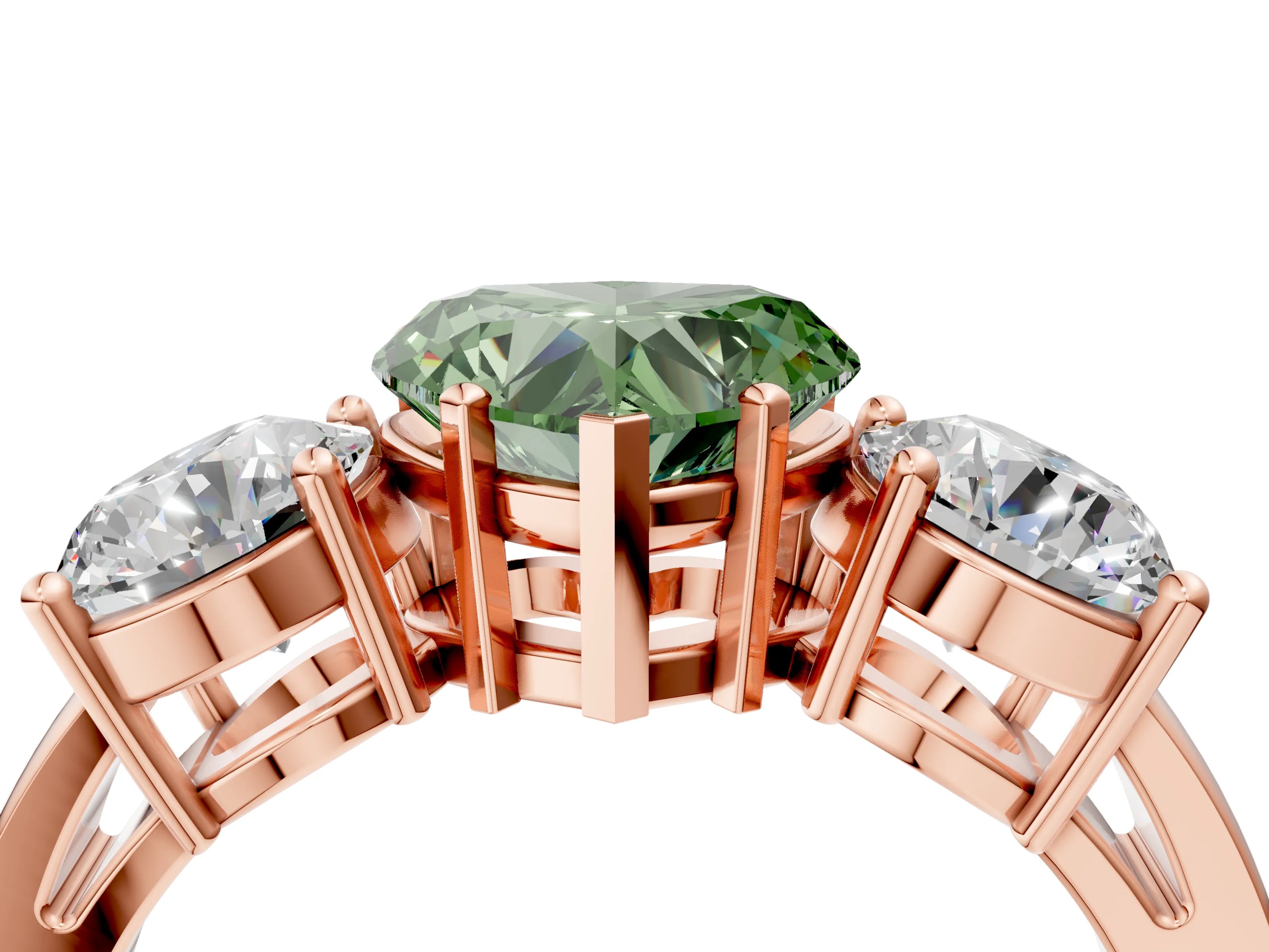 Rose gold Three-Stone Fancy Green Heart Cut Diamond Ring with Round Side Stones, Classic Band, and Four-Prong Setting_4
