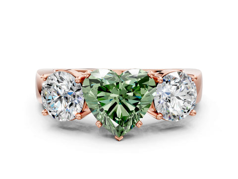 Rose gold Three-Stone Fancy Green Heart Cut Diamond Ring with Round Side Stones, Classic Band, and Four-Prong Setting