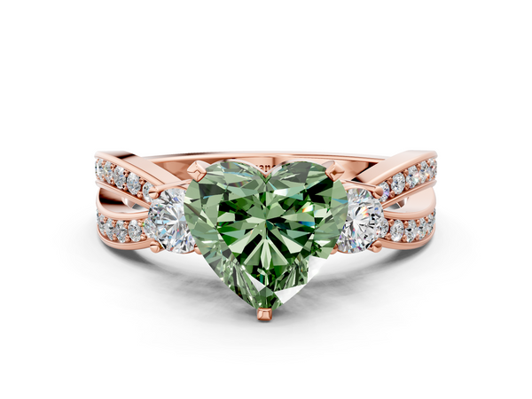 Rose gold Three-Stone Fancy Green Heart  Cut Diamond Twist Band with Prong Setting