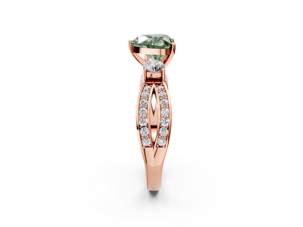 Rose gold Three-Stone Fancy Green Heart  Cut Diamond Twist Band with Prong Setting