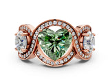 Rose gold Three-Stone Fancy Green Heart Cut Diamond Wave Pave Band with Prong Setting