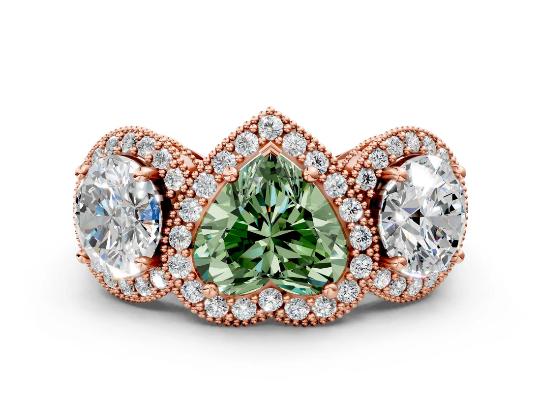 Rose gold Three-Stone Fancy Green Heart Cut Halo Diamond Milgrain Band with Four-Prong Setting