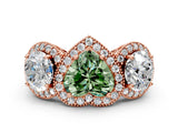 Rose gold Three-Stone Fancy Green Heart Cut Halo Diamond Milgrain Band with Four-Prong Setting
