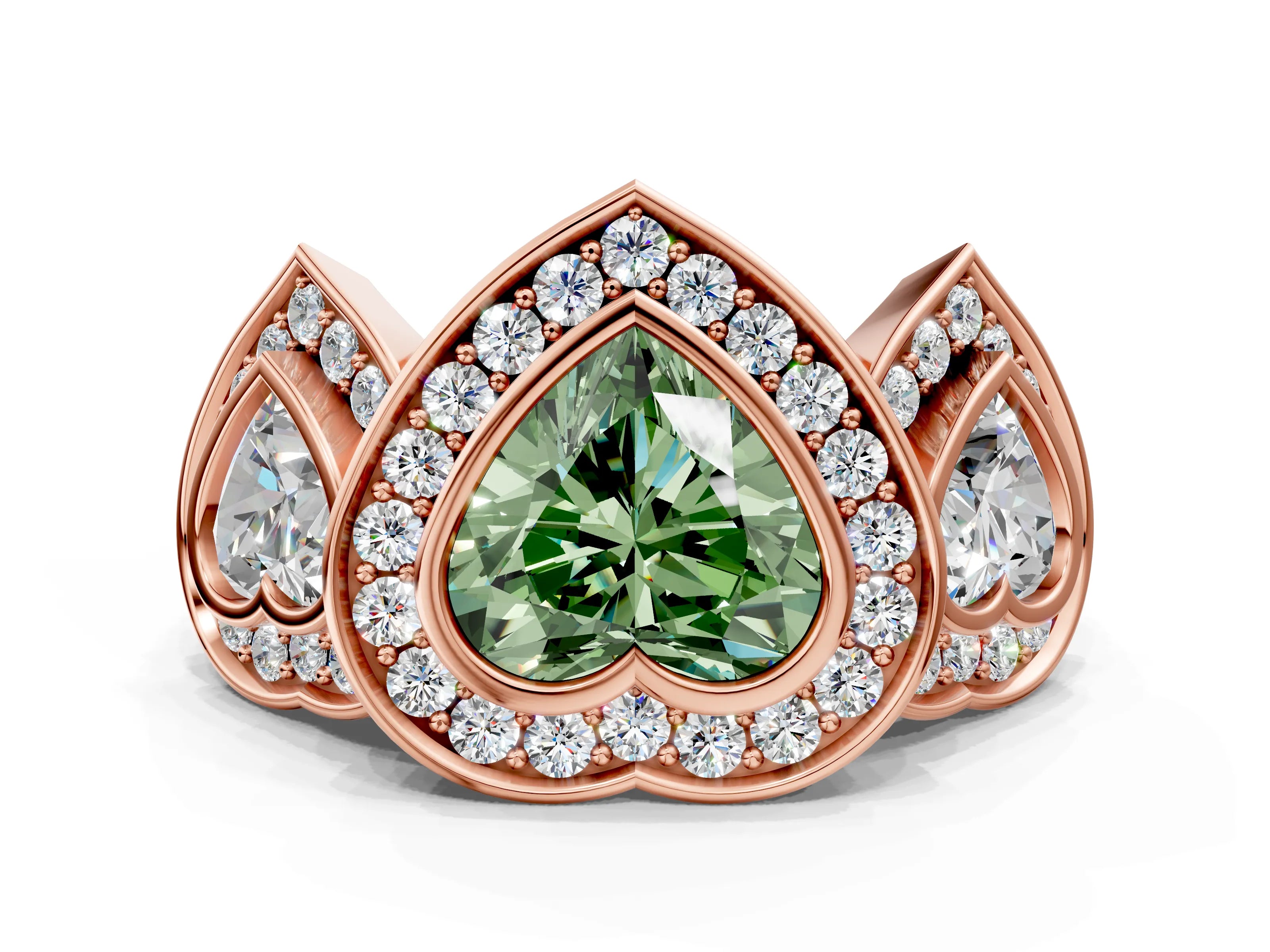 Rose gold Three-Stone Fancy Green Heart Cut Halo Pavé Diamond Ring