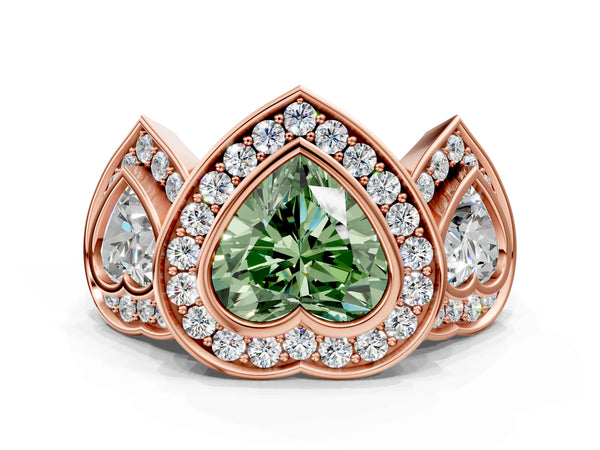 Rose Gold Heart-Shaped Bezel Three Stone Halo Engagement Ring Setting for Fancy Green Center