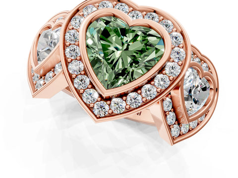 Rose gold Three-Stone Fancy Green Heart Cut Halo Pavé Diamond Ring_1