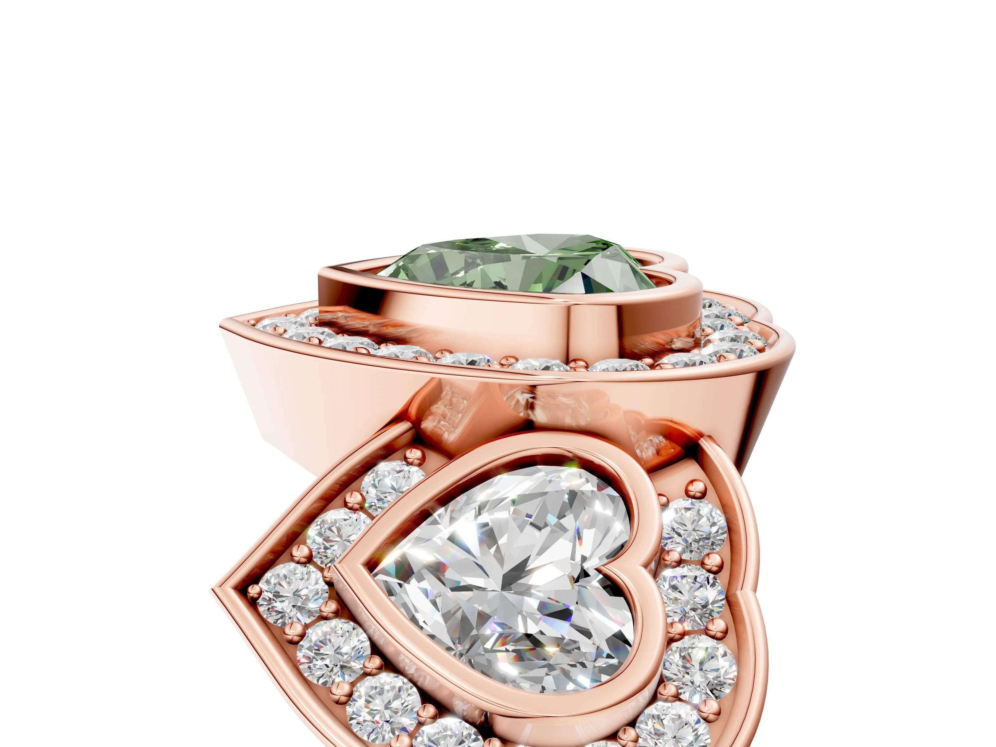Rose gold Three-Stone Fancy Green Heart Cut Halo Pavé Diamond Ring_5