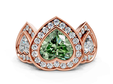Rose gold Three-Stone Fancy Green Heart Cut Halo Pavé Diamond Ring