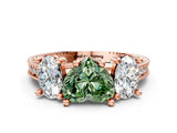 Rose gold Three-Stone Fancy Green Heart  Diamond Milgrain Pave Band with Prong Setting 1