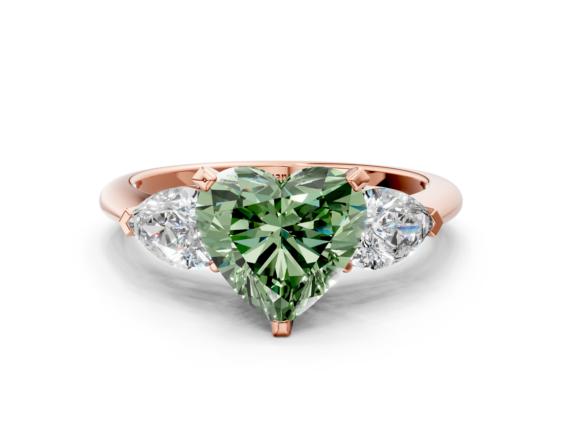Rose gold Three-Stone Fancy Green Heart  Diamond Ring with Pear Side Stones in Four-Prong Setting