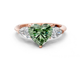 Rose gold Three-Stone Fancy Green Heart  Diamond Ring with Pear Side Stones in Four-Prong Setting