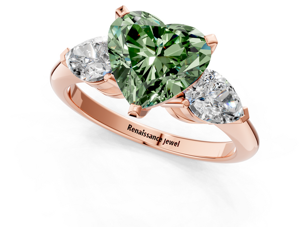 Rose gold Three-Stone Fancy Green Heart Cut Diamond Ring with Pear Side Stones and Four-Prong Setting