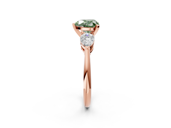 Rose gold Three-Stone Fancy Green Heart Cut Diamond Ring with Pear Side Stones and Four-Prong Setting