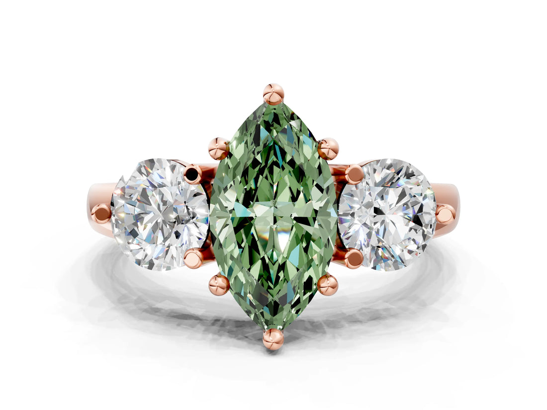 Rose gold Three-Stone Fancy Green Marquise  Brilliant Cut Solitaire Ring with Prong Setting on a Classic Band 2