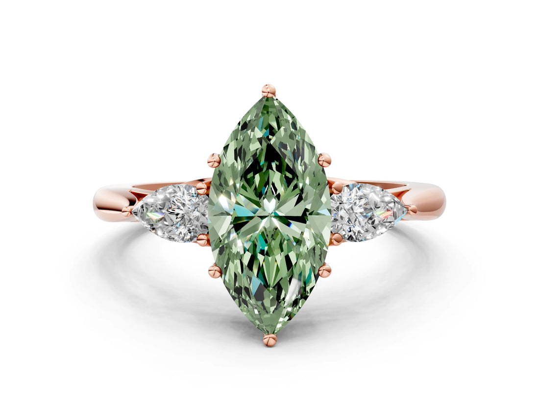 Rose gold Three-Stone Fancy Green Marquise Cut Brilliant Diamond Solitaire Ring with Tapered Band and Four-Prong Setting_3