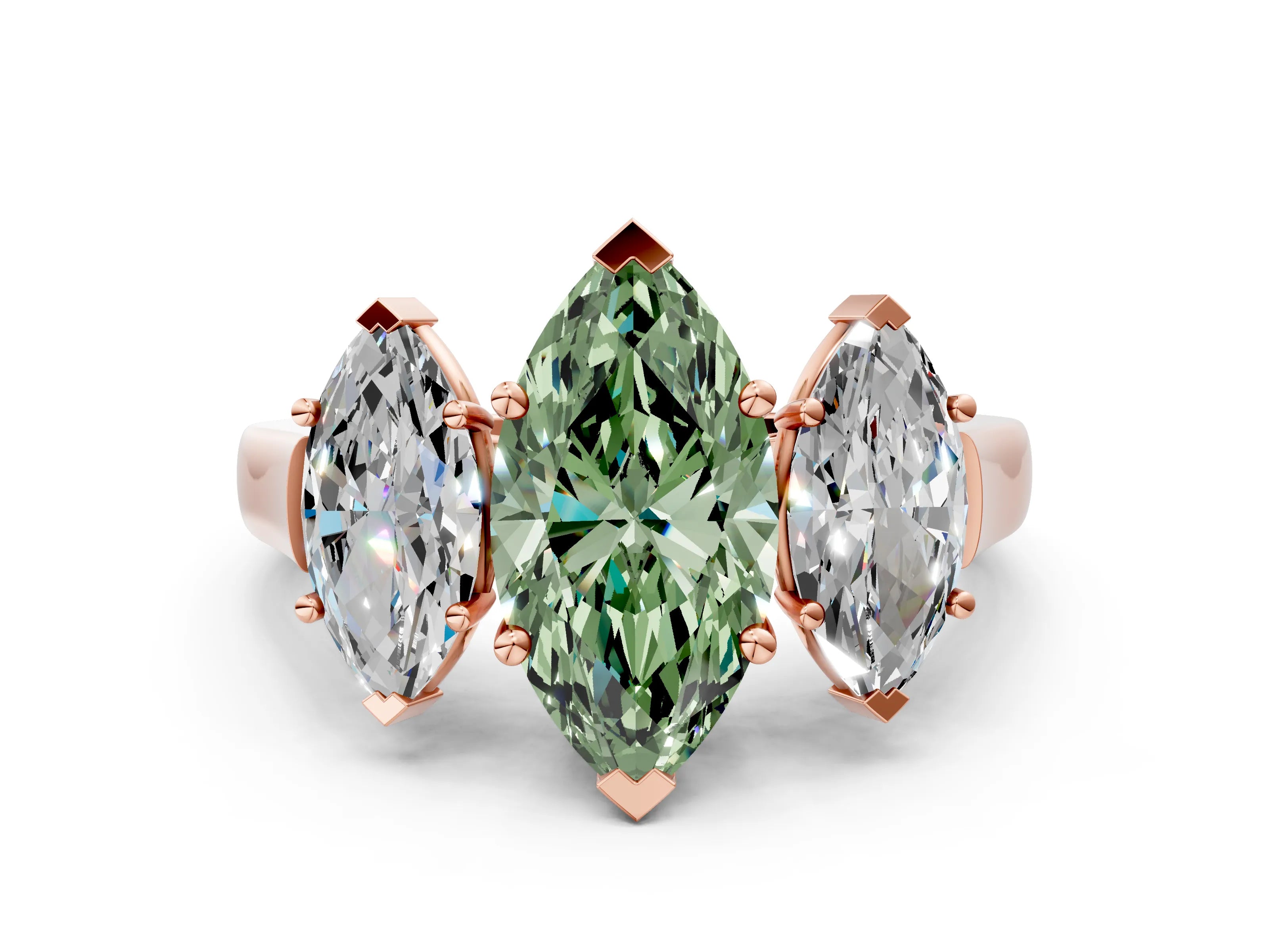 Rose gold Three-Stone Fancy Green Marquise Cut Brilliant Diamond Trellis Ring with Comfort Fit Band