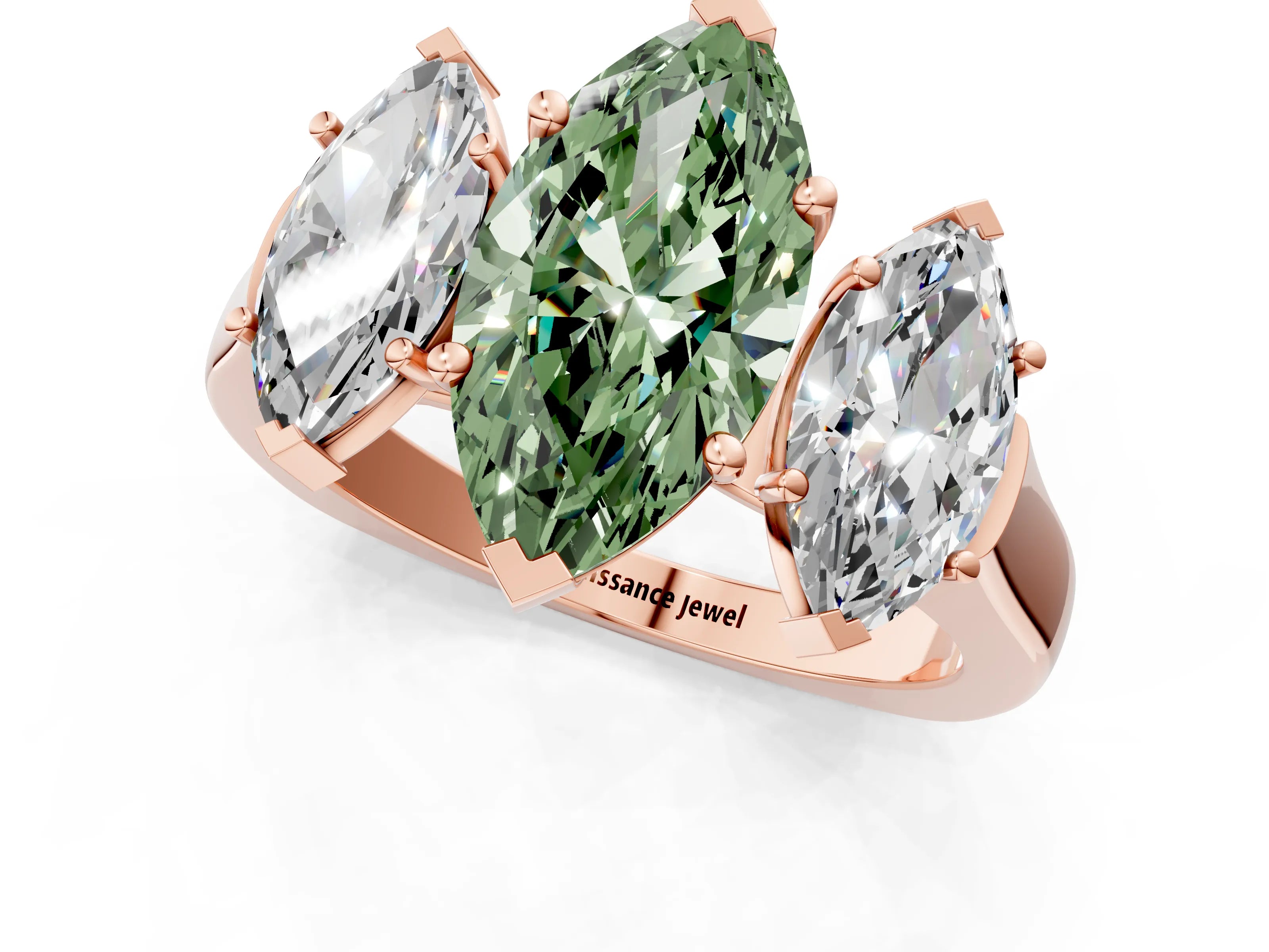 Rose gold Three-Stone Fancy Green Marquise Cut Brilliant Diamond Trellis Ring with Comfort Fit Band_1