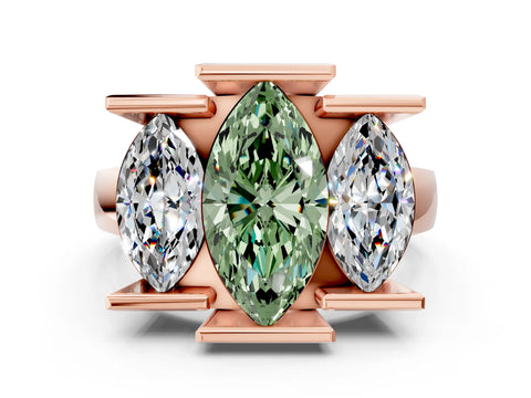 Rose gold Three Stone Fancy Green Marquise Cut Cut Channel Set Diamond Ring