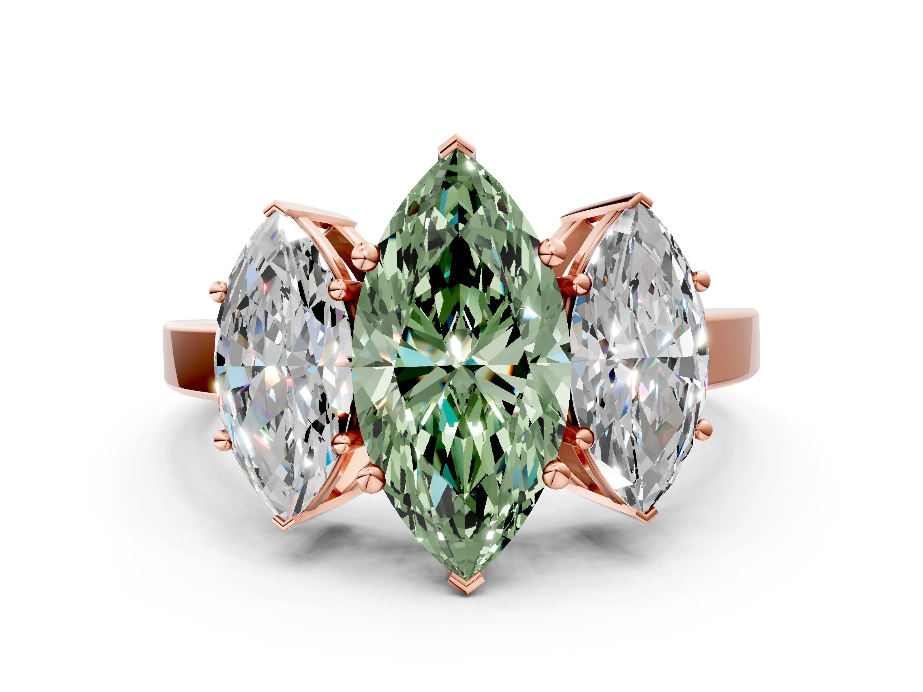Rose gold Three-Stone Fancy Green Marquise Cut Cut Diamond Engagement Ring with Flat Band and Four-Prong Setting