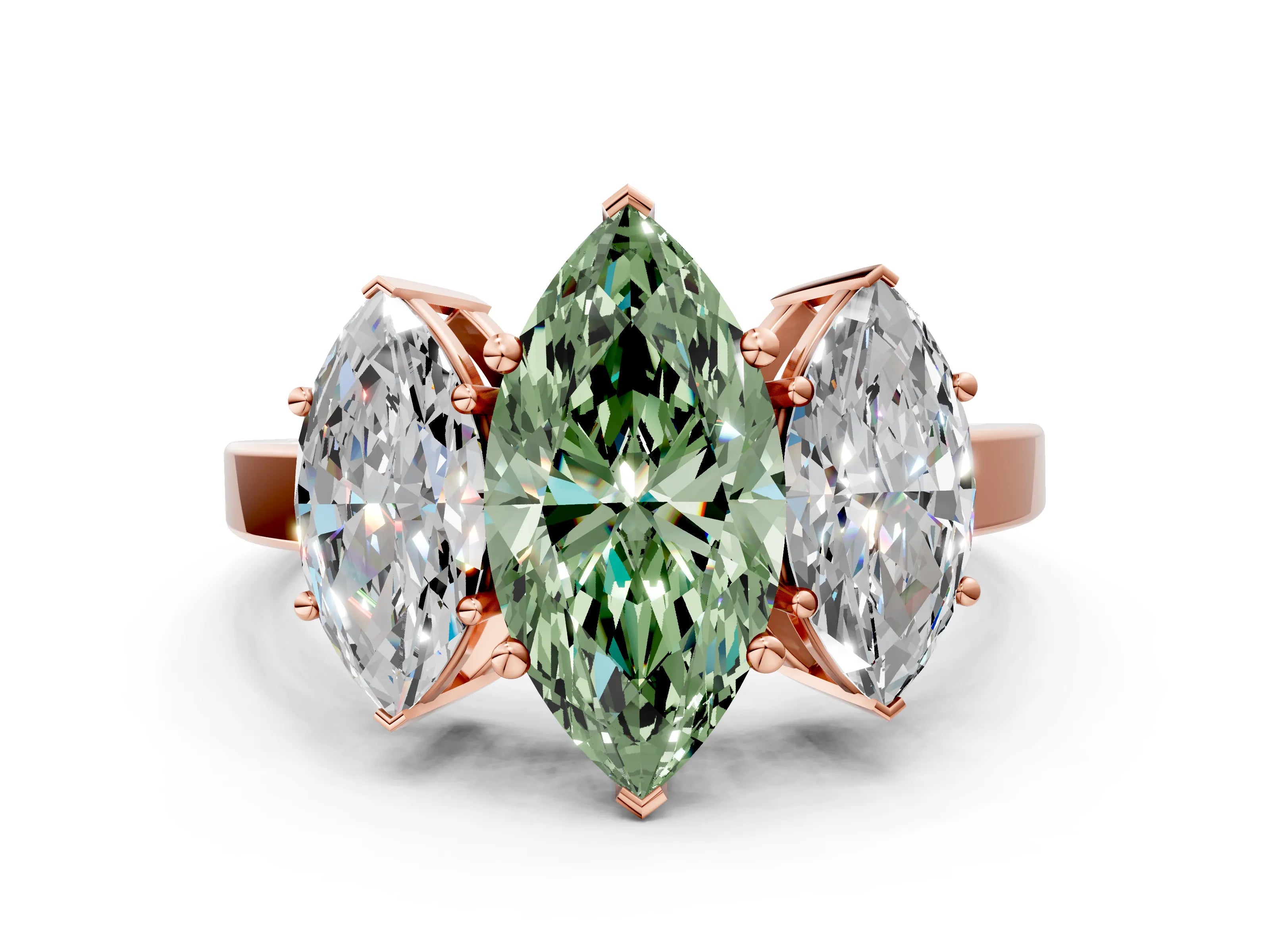 Rose gold Three-Stone Fancy Green Marquise Cut Cut Diamond Engagement Ring with Flat Band and Four-Prong Setting_12