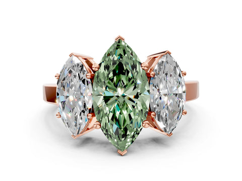 Rose gold Three-Stone Fancy Green Marquise Cut Cut Diamond Engagement Ring with Flat Band and Four-Prong Setting