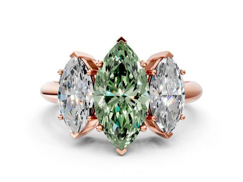 Rose gold Three-Stone Fancy Green Marquise Cut Cut Diamond Engagement Ring with Prong Setting on a White Gold Band