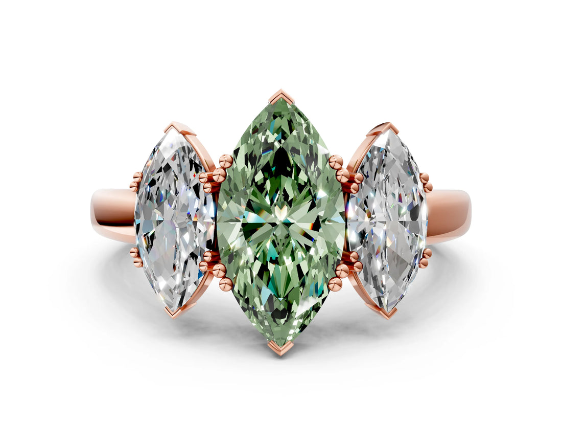 Rose gold Three-Stone Fancy Green Marquise Cut Cut Diamond Ring with Channel Set Band and Four-Prong Setting_24