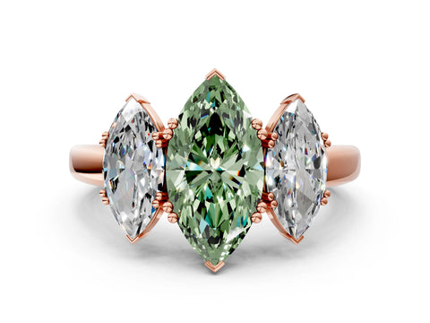 Rose gold Three-Stone Fancy Green Marquise Cut Cut Diamond Ring with Channel Set Band and Four-Prong Setting