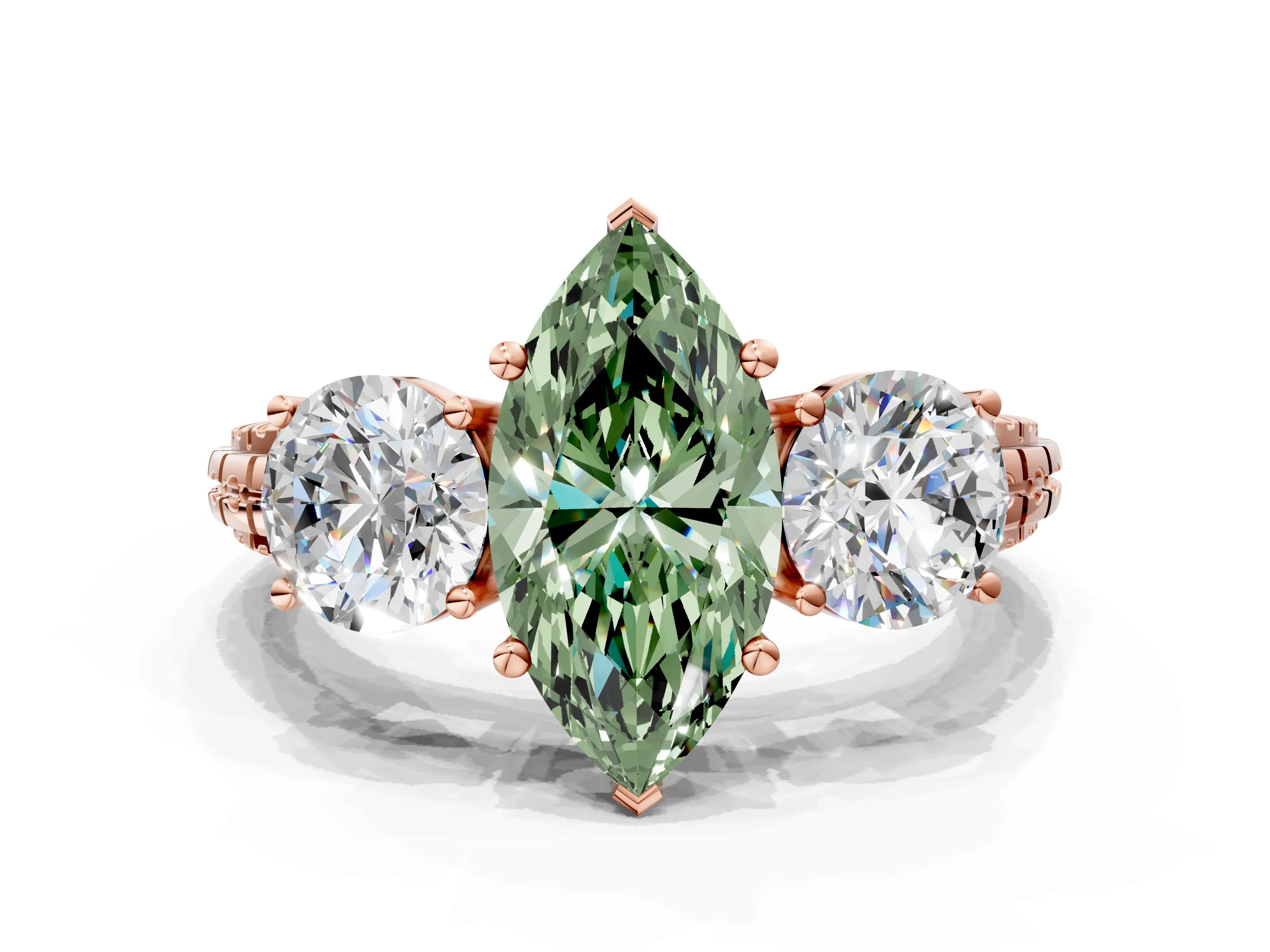 Rose gold Three-Stone Fancy Green Marquise Cut Cut Diamond Ring with Channel-Set Band and Prong Setting