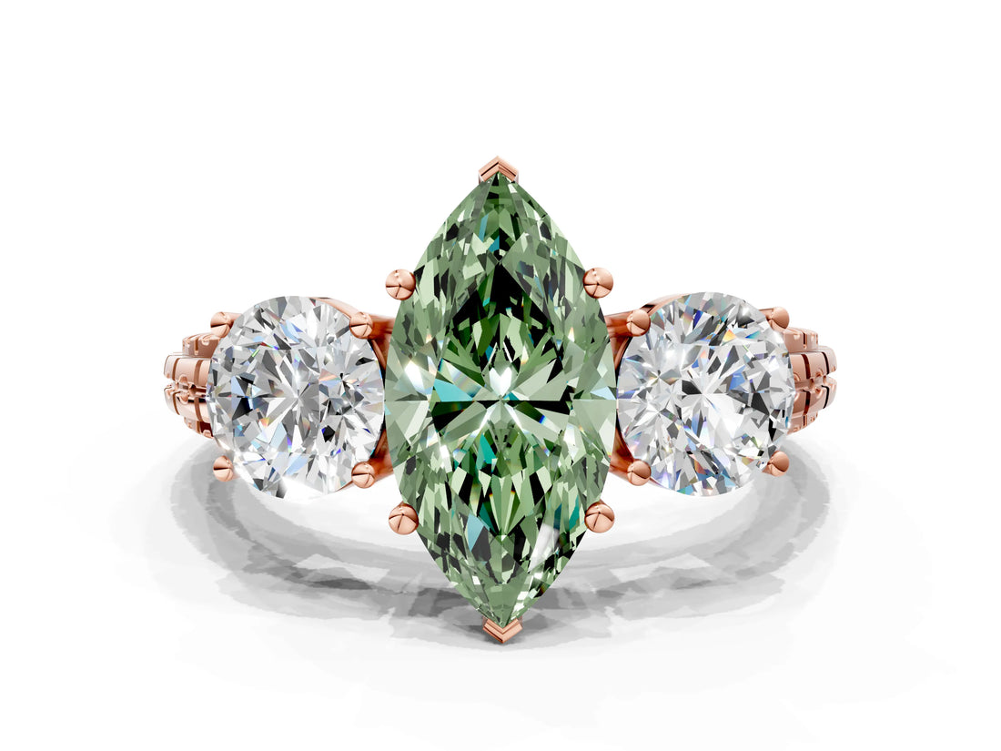 Rose gold Three-Stone Fancy Green Marquise Cut Cut Diamond Ring with Channel-Set Band and Prong Setting