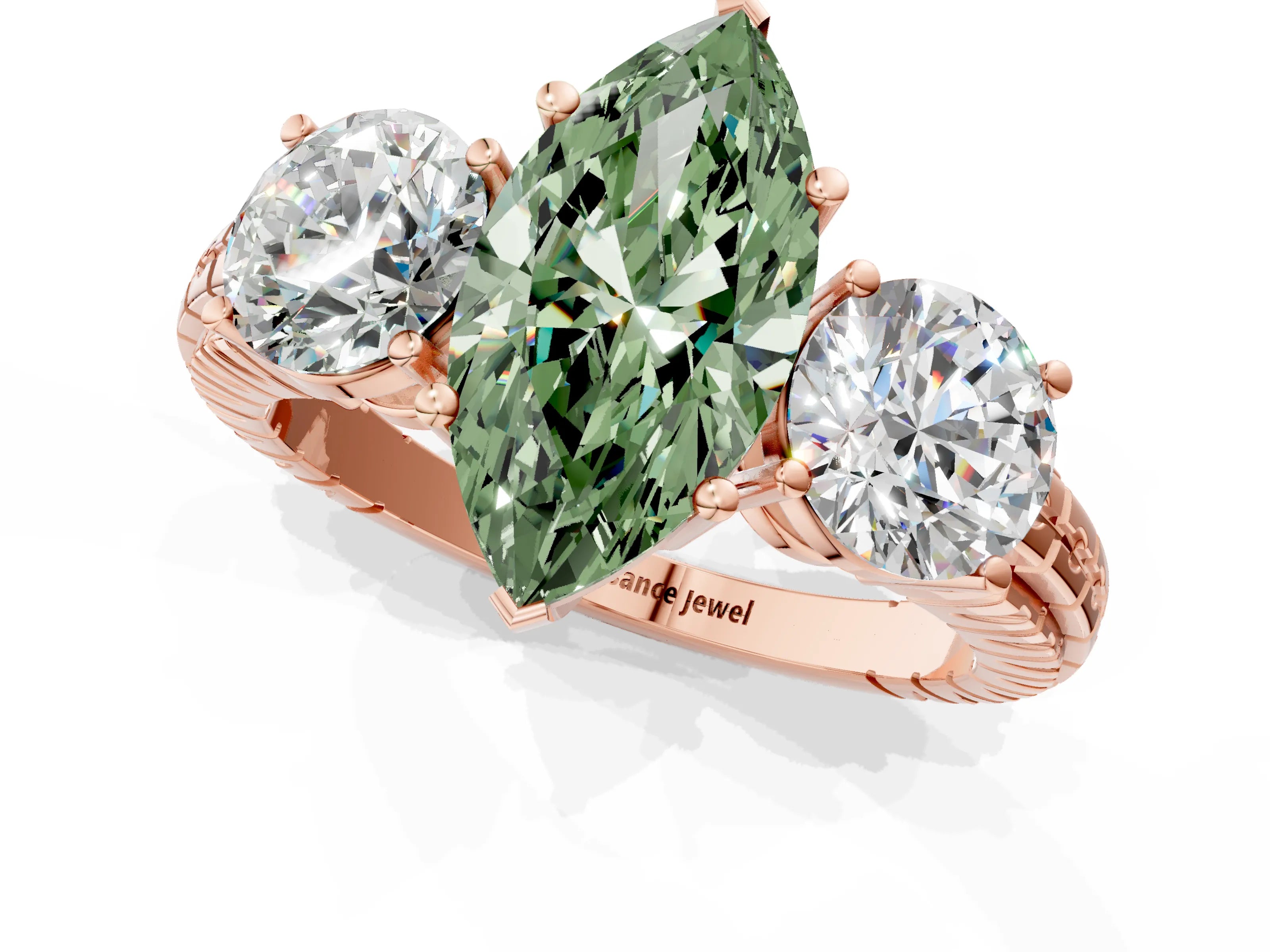 Rose gold Three-Stone Fancy Green Marquise Cut Cut Diamond Ring with Channel-Set Band and Prong Setting_1