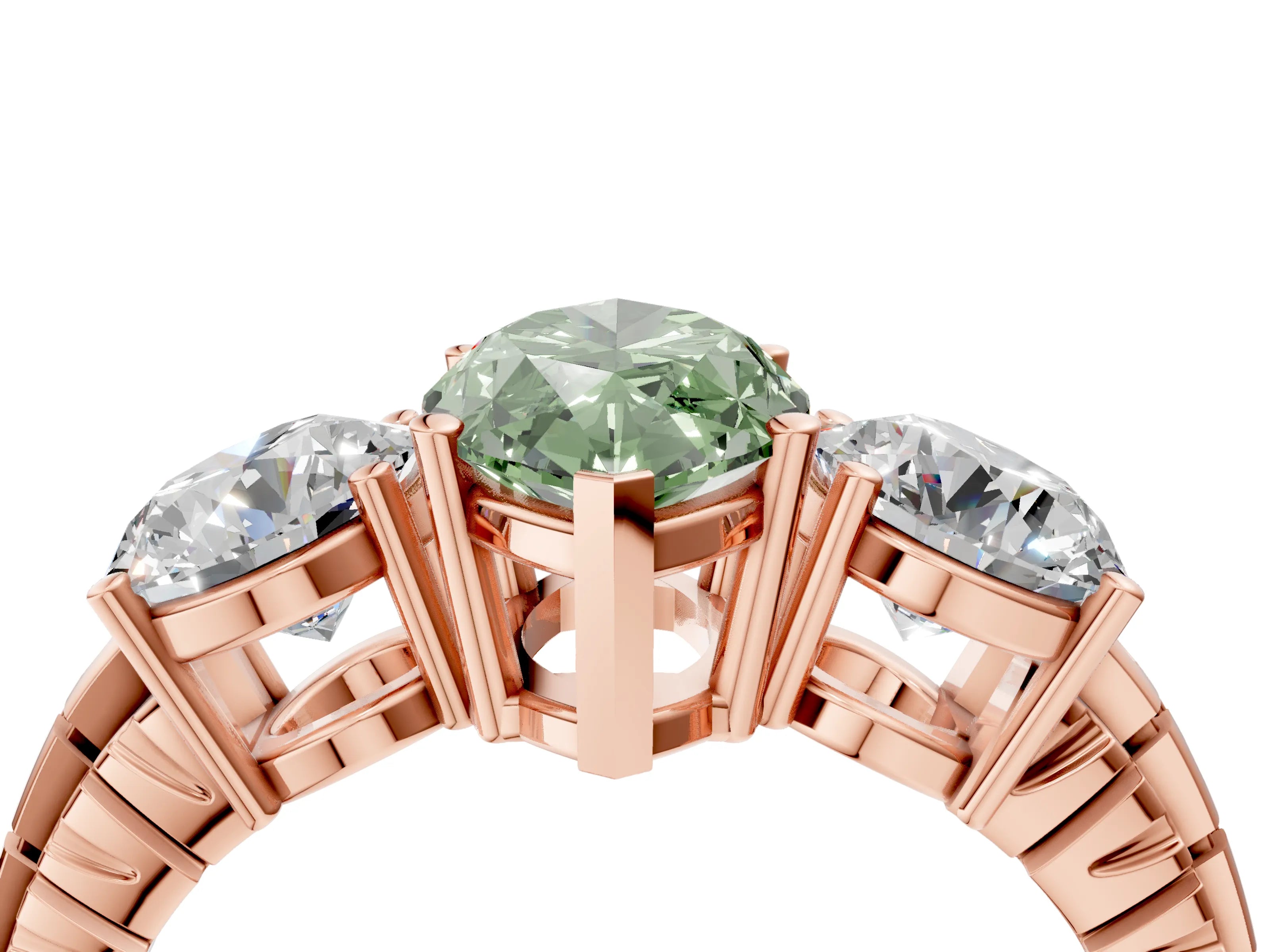 Rose gold Three-Stone Fancy Green Marquise Cut Cut Diamond Ring with Channel-Set Band and Prong Setting_4