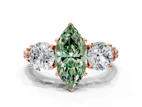 Rose gold Three-Stone Fancy Green Marquise Cut Cut Diamond Ring with Channel-Set Band and Prong Setting
