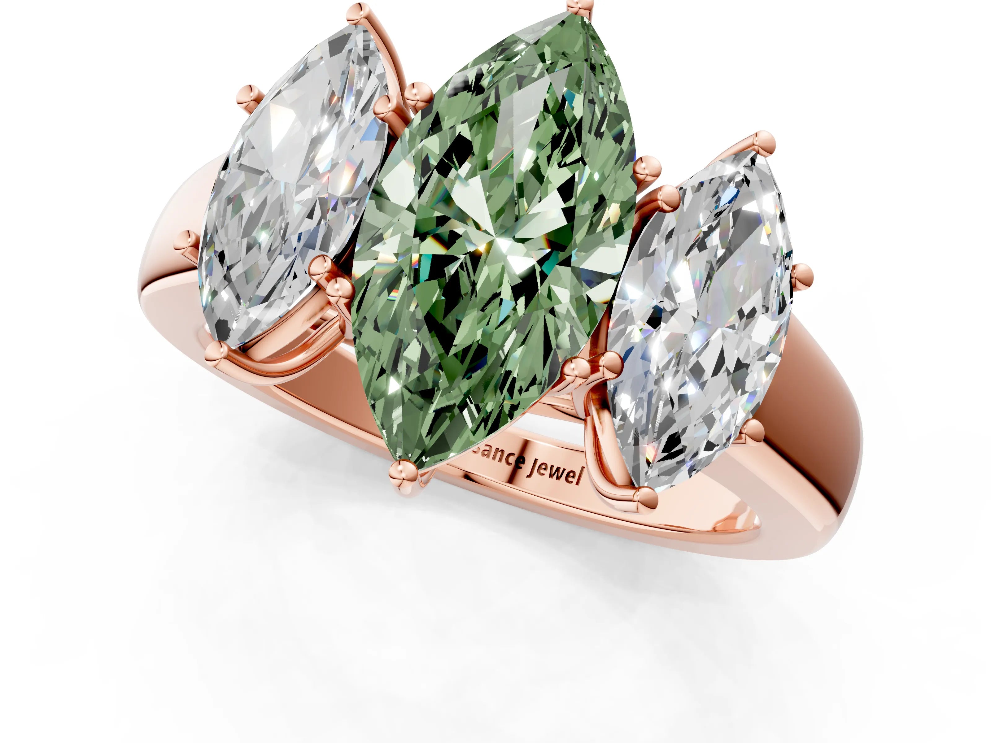 Rose gold Three-Stone Fancy Green Marquise Cut Cut Diamond Ring with Prong Setting and Classic Band_1