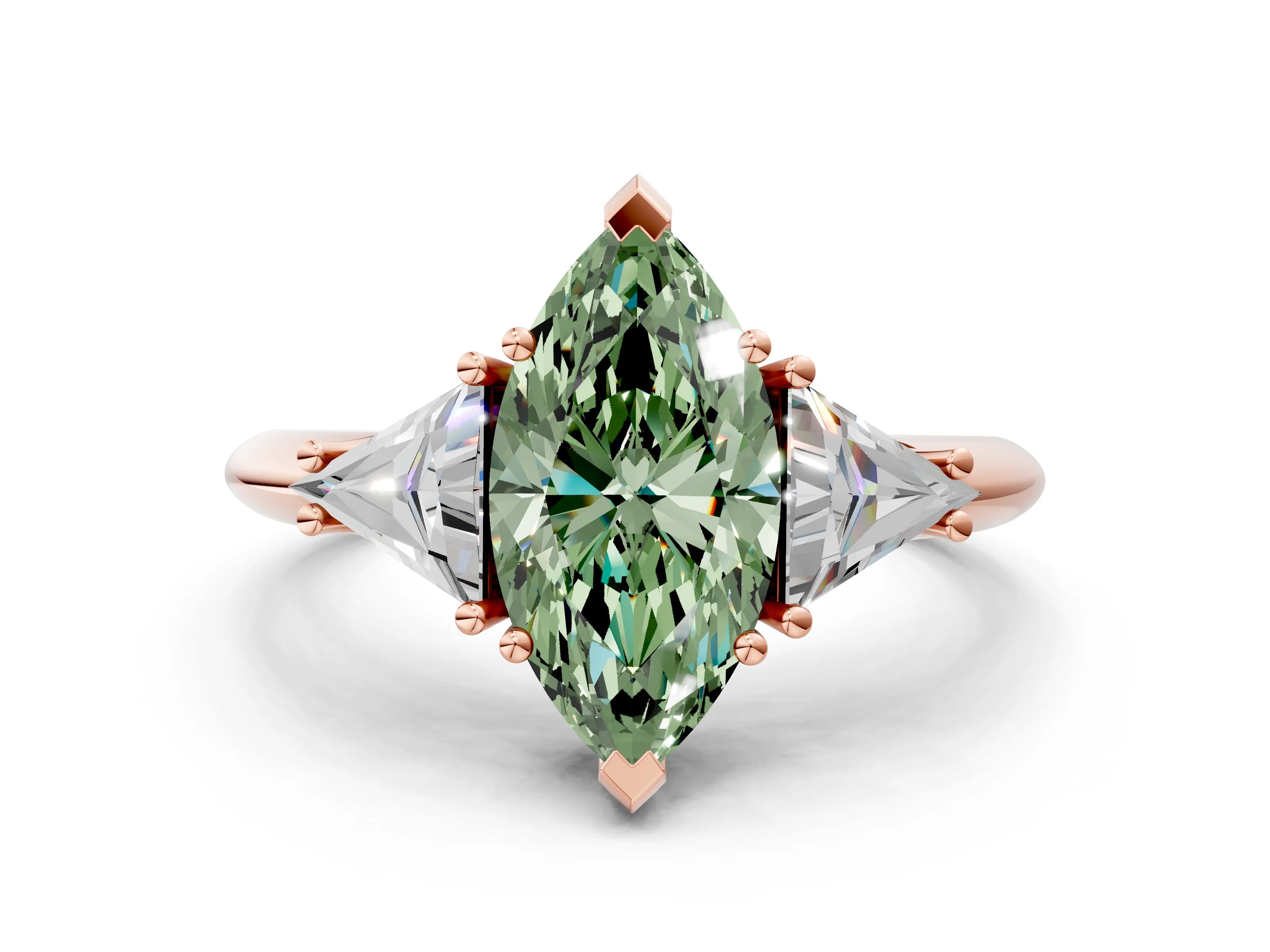 Rose gold Three-Stone Fancy Green Marquise Cut Cut Diamond Ring with Trillion Side Stones and Four-Prong Setting_3