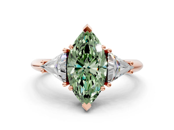Rose gold Three-Stone Fancy Green Marquise Cut Cut Diamond Ring with Trillion Side Stones and Four-Prong Setting