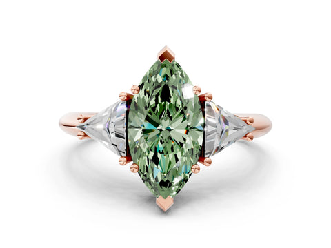 Rose gold Three-Stone Fancy Green Marquise Cut Cut Diamond Ring with Trillion Side Stones and Four-Prong Setting_3