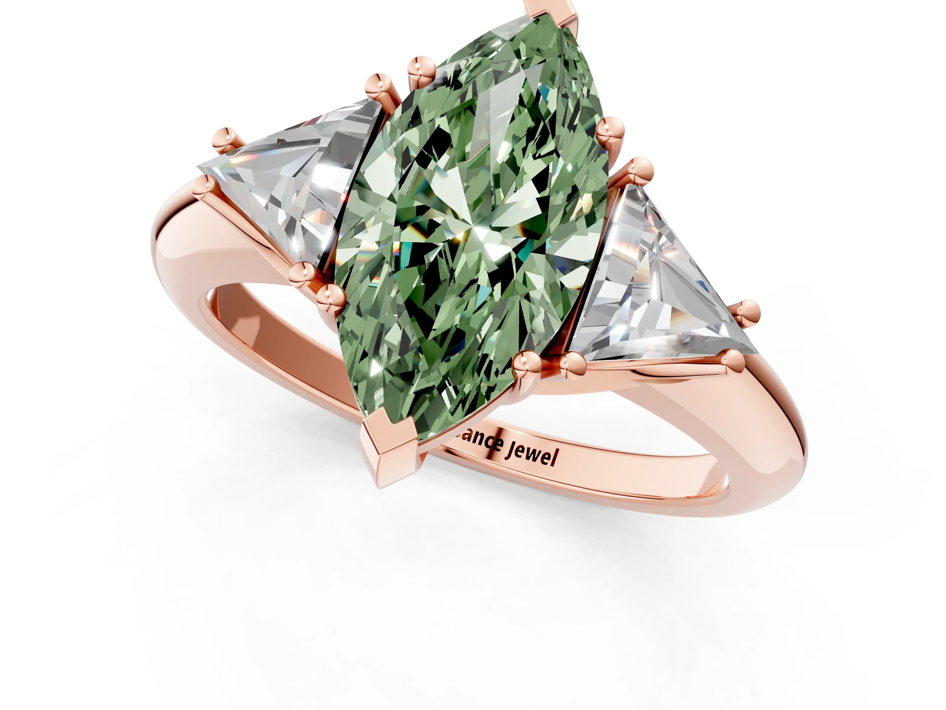 Rose gold Three-Stone Fancy Green Marquise Cut Cut Diamond Ring with Trillion Side Stones and Four-Prong Setting_4