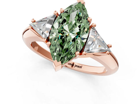 Rose gold Three-Stone Fancy Green Marquise Cut Cut Diamond Ring with Trillion Side Stones and Four-Prong Setting_4