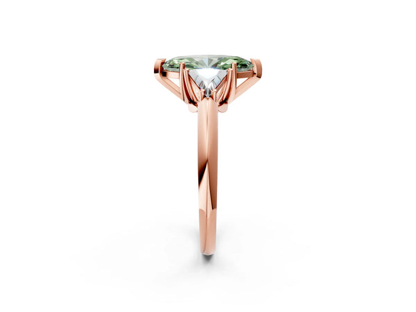 Rose gold Three-Stone Fancy Green Marquise Cut Cut Diamond Ring with Trillion Side Stones and Four-Prong Setting