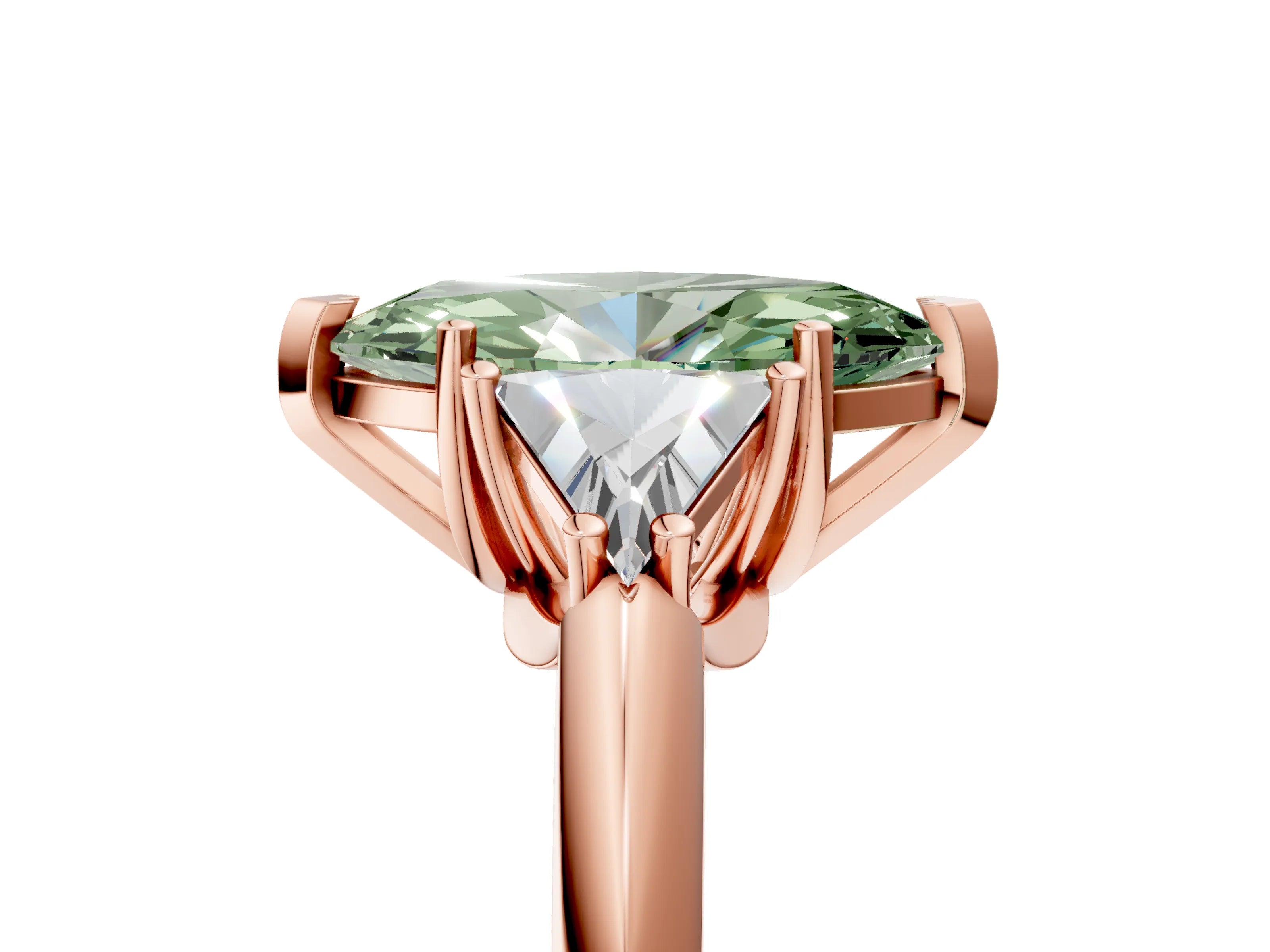 Rose gold Three-Stone Fancy Green Marquise Cut Cut Diamond Ring with Trillion Side Stones and Four-Prong Setting_8