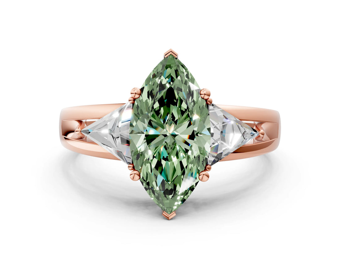 Rose gold Three-Stone Fancy Green Marquise Cut Cut Diamond Ring with Trillion Side Stones on a Split Shank Band