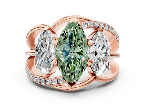 Rose gold Three-Stone Fancy Green Marquise Cut Cut Diamond Split Shank Prong Set Ring