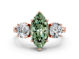 Rose gold Three-Stone Fancy Green Marquise Cut Cut Milgrain Band Prong Setting Ring_12