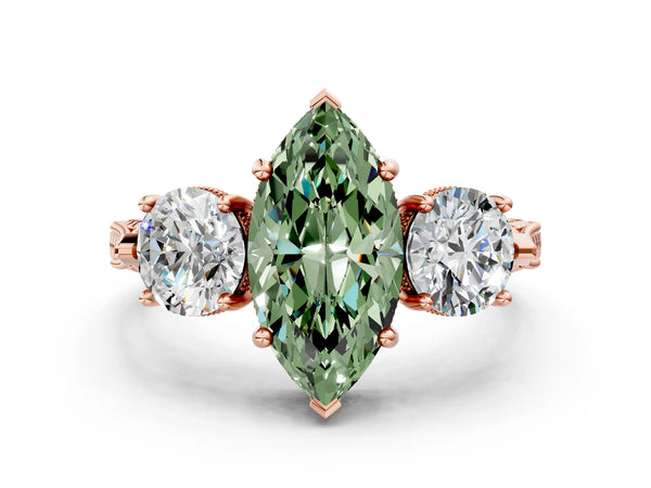 Rose Gold Marquise Vintage Three Stone Engagement Ring Setting for Fancy Green Center