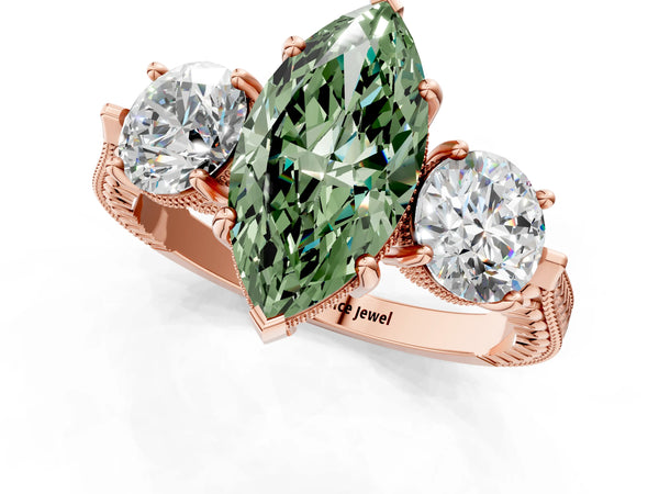 Rose Gold Marquise Vintage Three Stone Engagement Ring Setting for Fancy Green Center