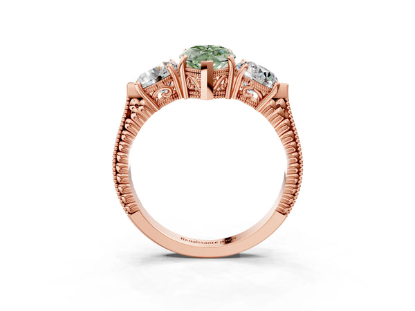 Rose Gold Marquise Vintage Three Stone Engagement Ring Setting for Fancy Green Center