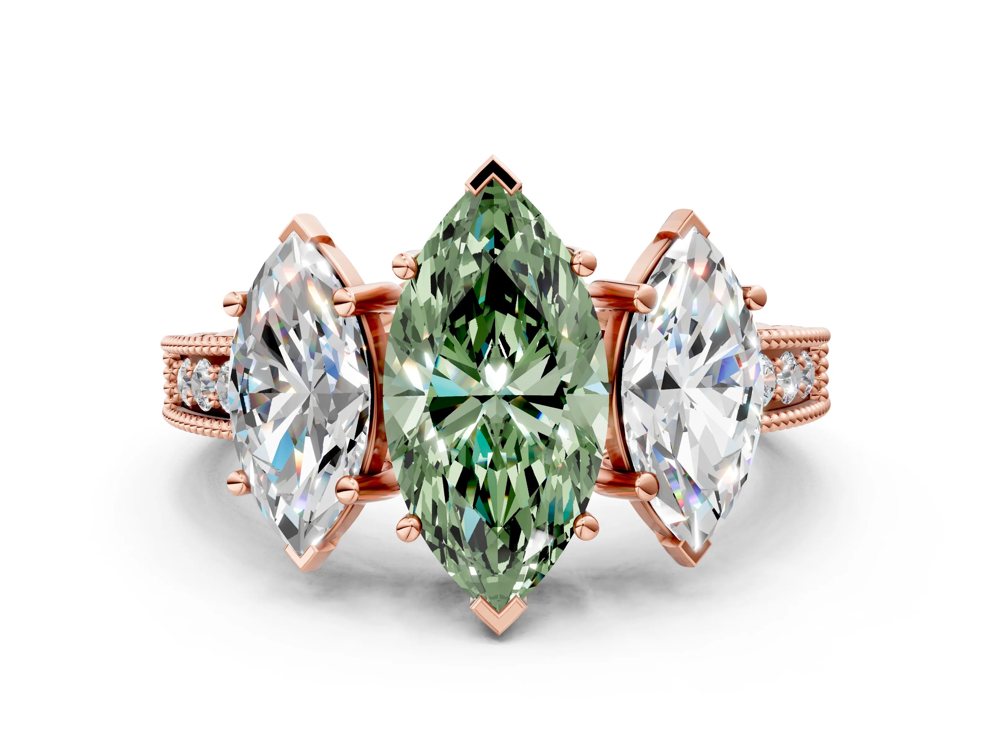 Rose gold Three-Stone Fancy Green Marquise Cut Cut Milgrain Pavé Engagement Ring